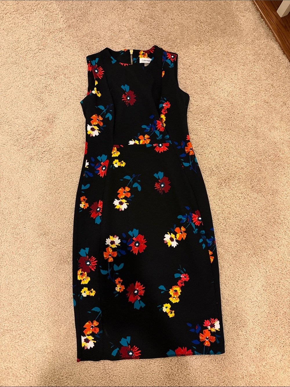 Calvin Klein Black Floral Sheath Dress with Red, Yellow & Blue Blooms